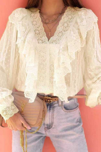 Lace V-Neck Patchwork Ruffle Edge Shirt