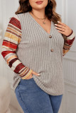 Plus Size Color Block V-Neck Long Sleeved Tops