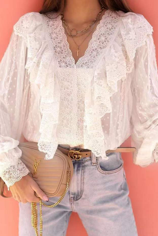 Lace V-Neck Patchwork Ruffle Edge Shirt