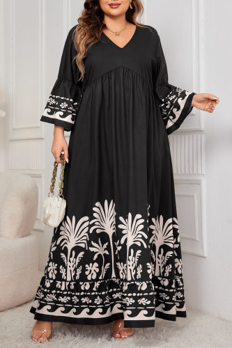 Plus Size Bell Sleeve V-Neck Printed Maxi Dress