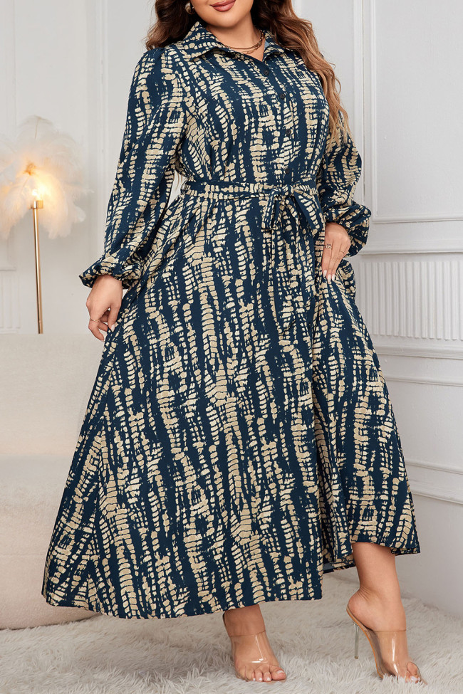 Large Size Printed Collar Long Sleeved Dress