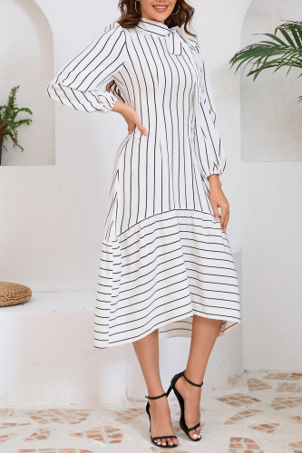 Stand Up Collar Long Sleeved Slim Striped Dress