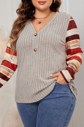 Plus Size Color Block V-Neck Long Sleeved Tops