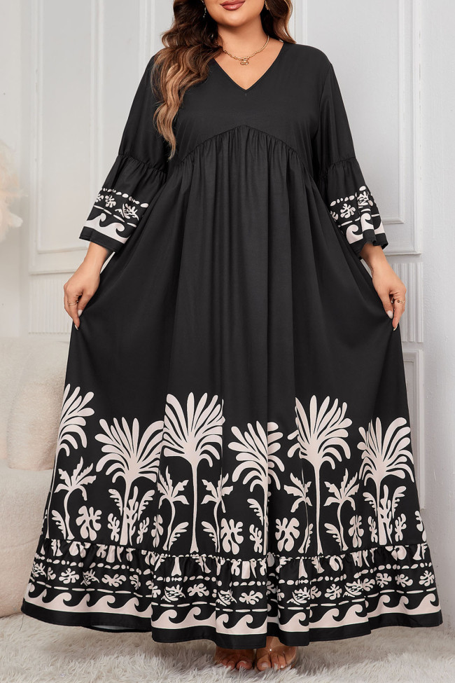 Plus Size Bell Sleeve V-Neck Printed Maxi Dress