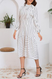 Stand Up Collar Long Sleeved Slim Striped Dress