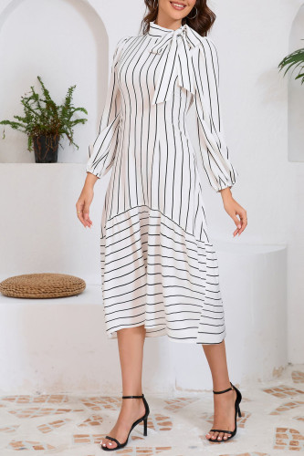 Stand Up Collar Long Sleeved Slim Striped Dress