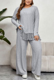 Tassel Long Sleeved Ribbed Tops And Pants Two-Piece Set