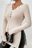 Lace Slit T-Shirt Knitted Long Sleeve Sweater