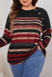 Plus Size Round Neck Striped Long Sleeved Tops