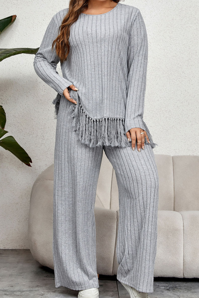 Tassel Long Sleeved Ribbed Tops And Pants Two-Piece Set