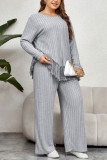 Tassel Long Sleeved Ribbed Tops And Pants Two-Piece Set