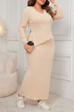 Plus Size V neck Irregular Long Sleeve Tops And Skirts Two-Piece Set