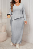 Plus Size V neck Irregular Long Sleeve Tops And Skirts Two-Piece Set