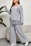Tassel Long Sleeved Ribbed Tops And Pants Two-Piece Set