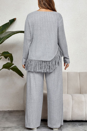 Tassel Long Sleeved Ribbed Tops And Pants Two-Piece Set