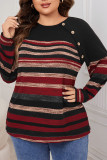 Plus Size Round Neck Striped Long Sleeved Tops