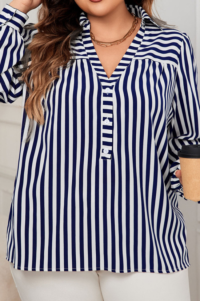 Plus Size Long Sleeve Collar Striped Shirt