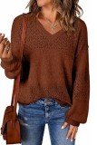 Lantern Sleeve Hollow Out V neck Knitted Sweater