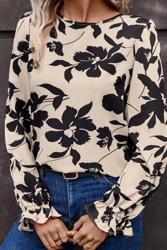 Floral Print Ruffle Cuffs Backless Blouse