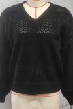 Lantern Sleeve Hollow Out V neck Knitted Sweater