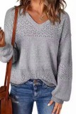 Lantern Sleeve Hollow Out V neck Knitted Sweater