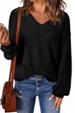 Lantern Sleeve Hollow Out V neck Knitted Sweater