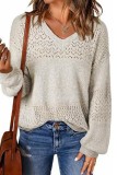 Lantern Sleeve Hollow Out V neck Knitted Sweater