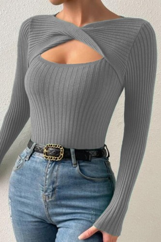 Cross Front Hollow Out Ribbed Sweater
