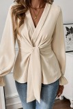 Chic Long Sleeve Waist Tie  V neck Shirt