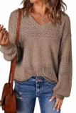 Lantern Sleeve Hollow Out V neck Knitted Sweater