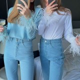 Round Neck Feather Cuffs Long Sleeve Top