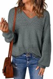Lantern Sleeve Hollow Out V neck Knitted Sweater