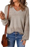 Lantern Sleeve Hollow Out V neck Knitted Sweater