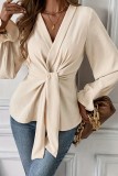 Chic Long Sleeve Waist Tie  V neck Shirt