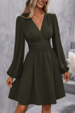 V-Neck High Waist Lantern Sleeve Long Sleeved Dress