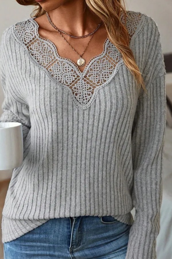 Lace V neck Ribbed Long Sleeve Tops