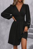 V-Neck High Waist Lantern Sleeve Long Sleeved Dress