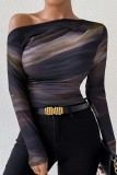 Sexy One Shoulder Slim Mesh Long Sleeve Tops
