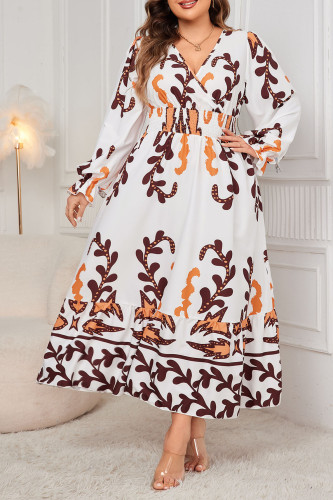 Large Size Printed Long Sleeved V-Neck Dress