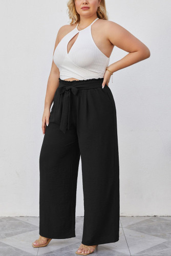 Plus Size Solid Color Lace Up Wide Leg Pants