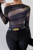 Sexy One Shoulder Slim Mesh Long Sleeve Tops