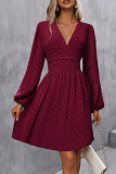 Swiss Dot V-Neck Lantern Sleeve Dress