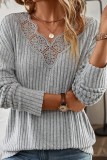 Lace V neck Ribbed Long Sleeve Tops