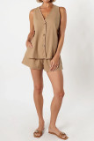 Cotton Linen Sleeveless Button Shorts Two-Piece Set