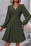 Swiss Dot V-Neck Lantern Sleeve Dress
