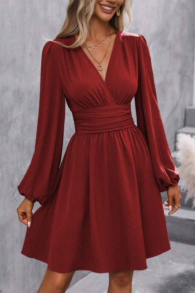 V-Neck High Waist Lantern Sleeve Long Sleeved Dress