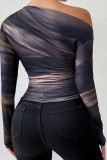 Sexy One Shoulder Slim Mesh Long Sleeve Tops