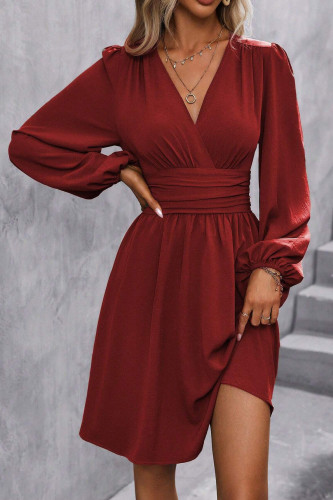 V-Neck High Waist Lantern Sleeve Long Sleeved Dress