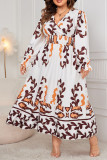Large Size Printed Long Sleeved V-Neck Dress