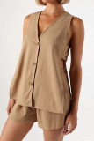 Cotton Linen Sleeveless Button Shorts Two-Piece Set